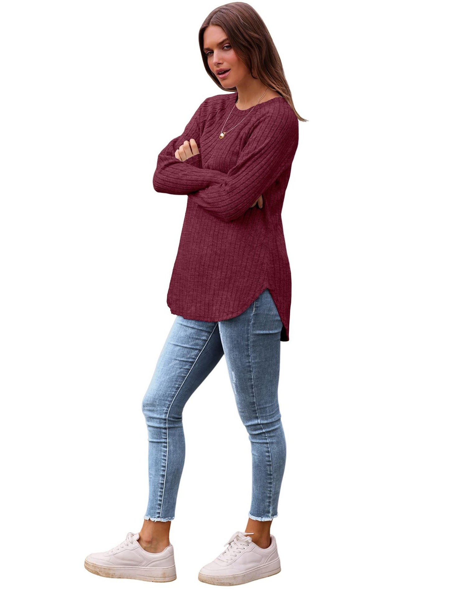 Solid Ribbed Knit Tunic Top Curved Hem Long Sleeve