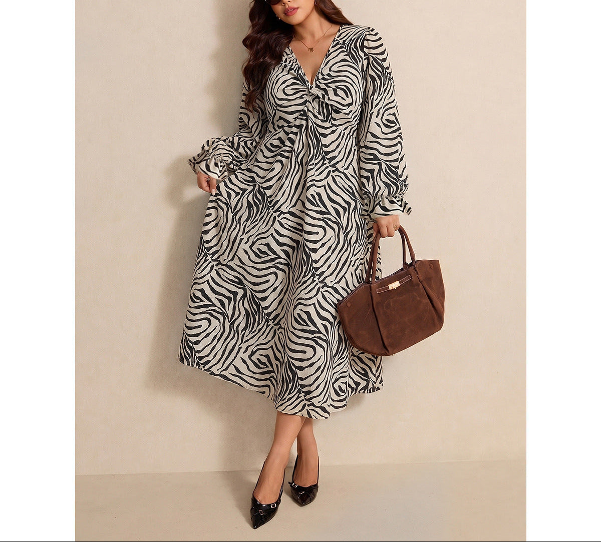 Plus Size Zebra Print V Neck Maxi Dress