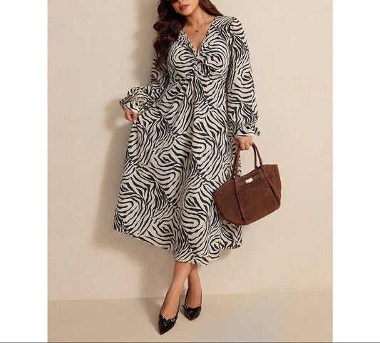 Plus Size Zebra Print V Neck Maxi Dress