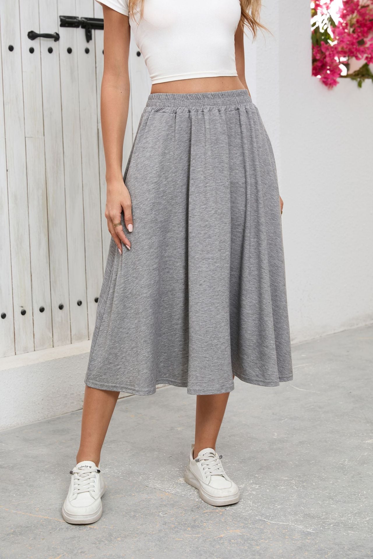Solid Knit Skirt Casual A-Line Midi Elastic Waist