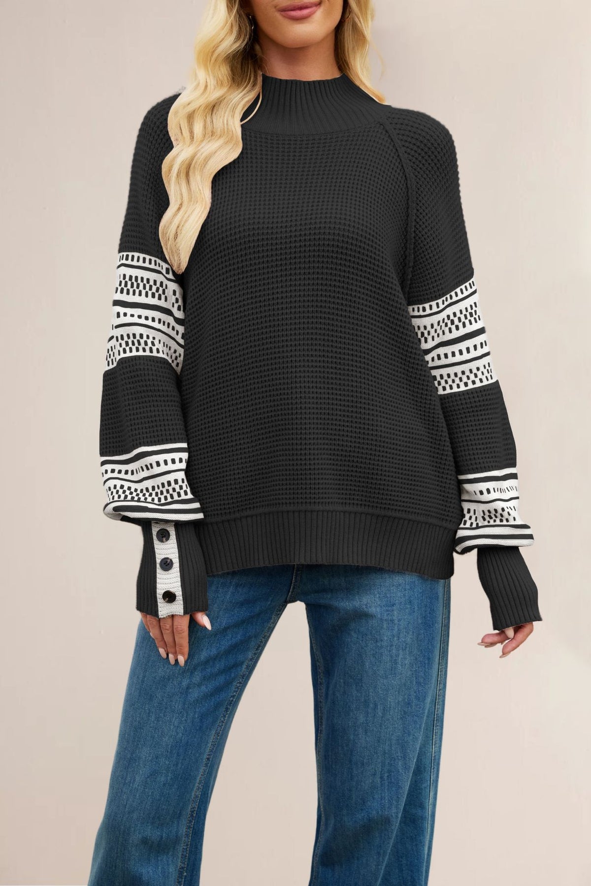 Womens Oversized Mock Neck Color Block Geometric Sweater