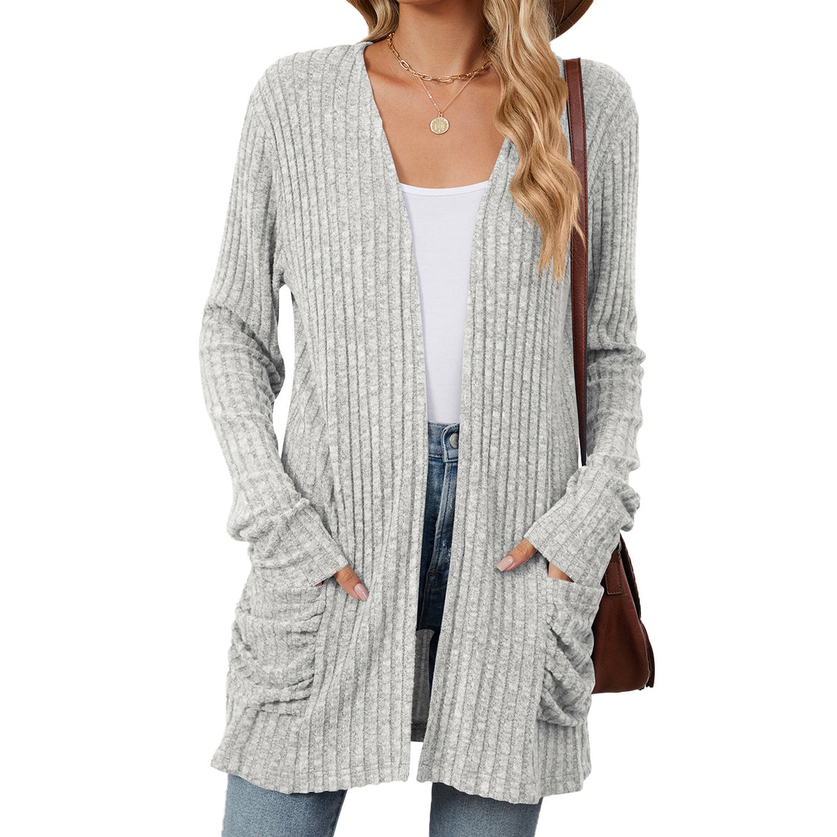 Women's Long Ribbed Open Front Cardigan with Pockets