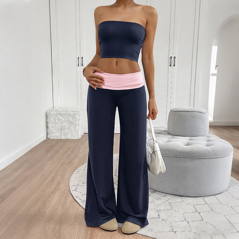 Women Strapless Tube Top Wide Leg Pants Set Summer Outfit