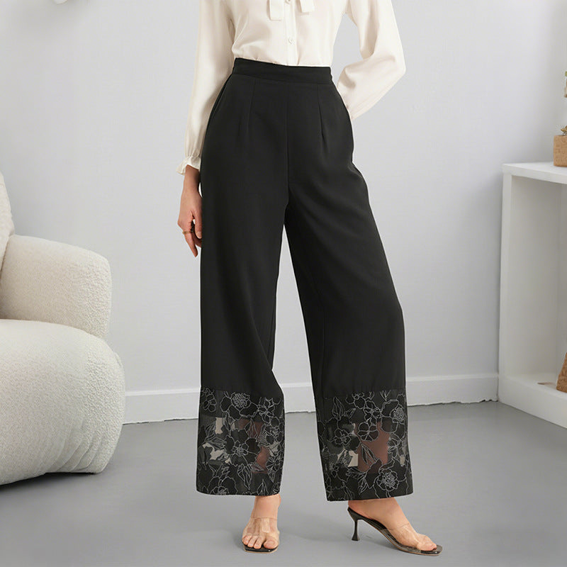 2026 Solid Straight Leg Pants with Lace Hem Detail