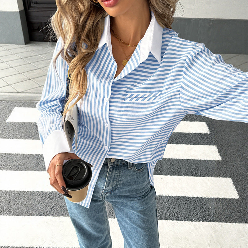 Blue White Striped Patchwork Button Down Shirt Women