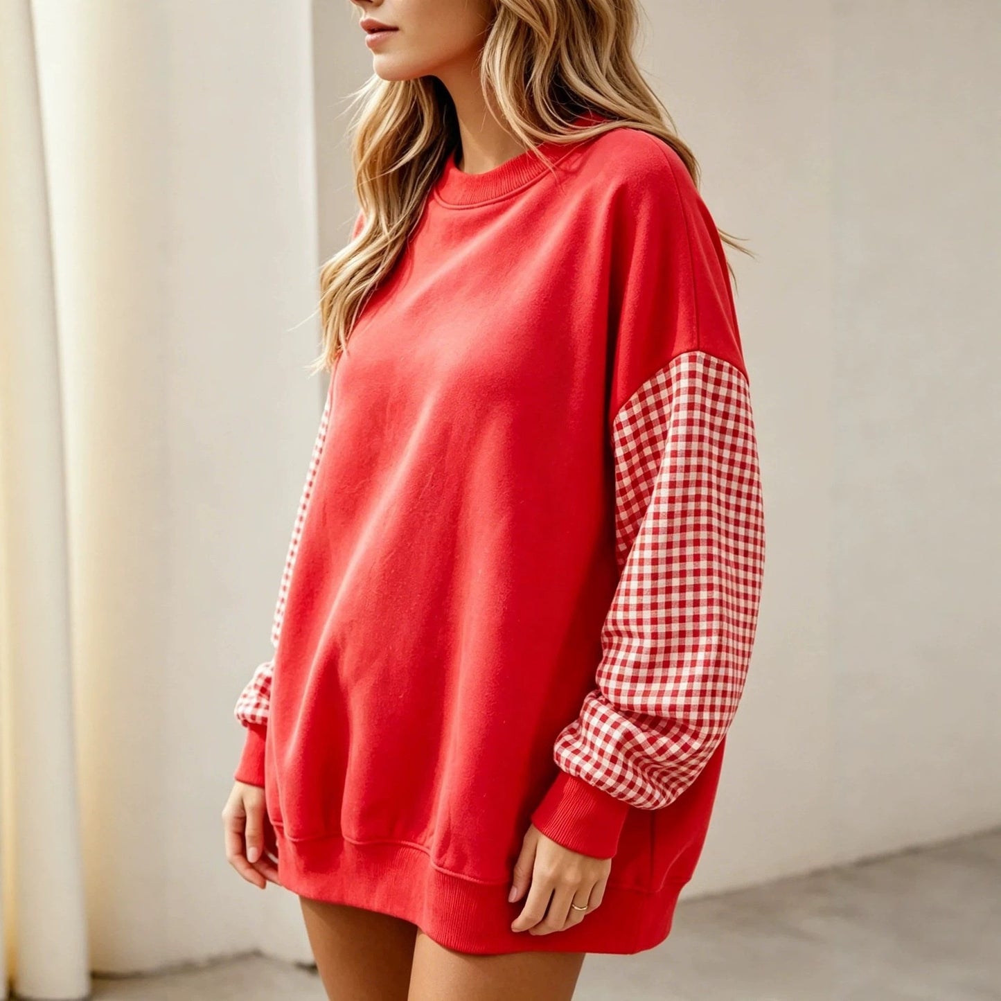 Plaid Color Block Oversized Sweatshirt Casual Fall Pullover