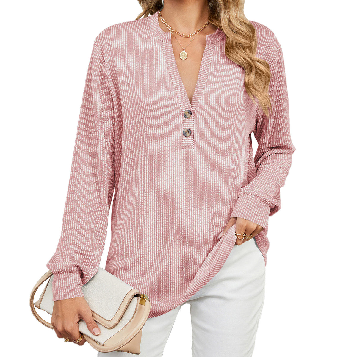Women's Loose V Neck Button Long Sleeve Ribbed Top