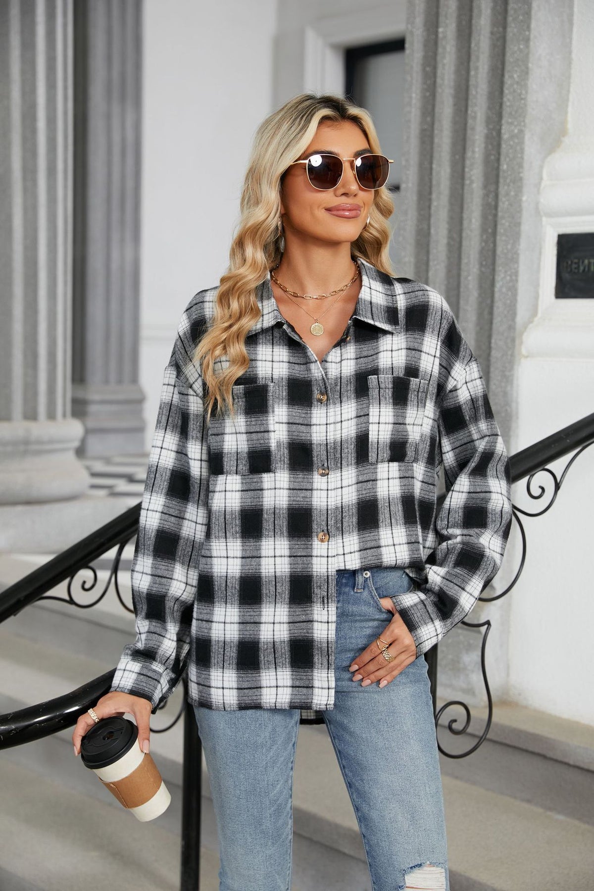 Women's Oversized Plaid Button Up Shirt Long Sleeve Pocket
