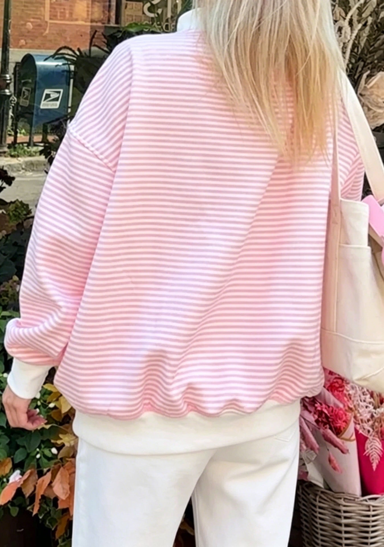 Striped Cotton Sweatshirt Oversized Long Sleeve Top