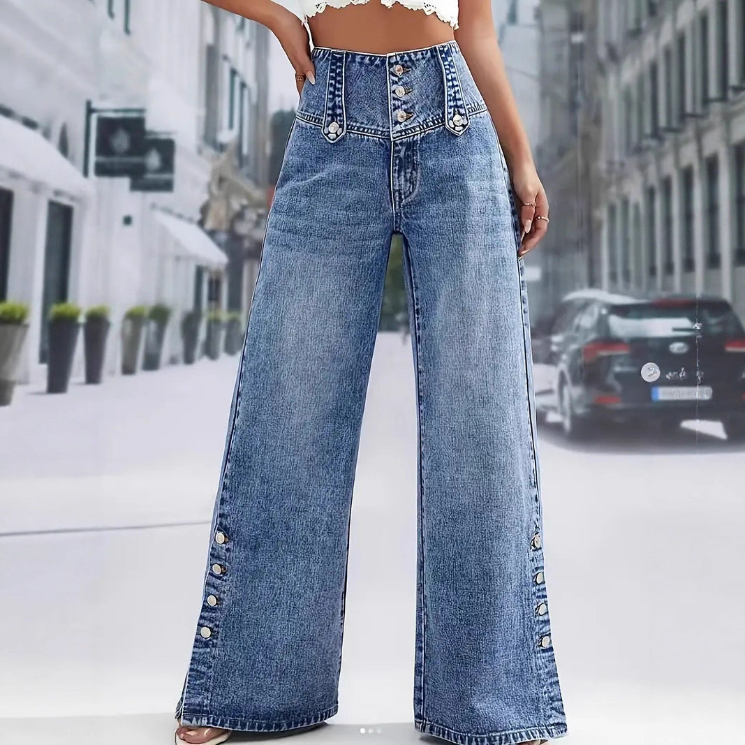 Vintage Wash Button Waist Side Slit Wide Leg Jeans