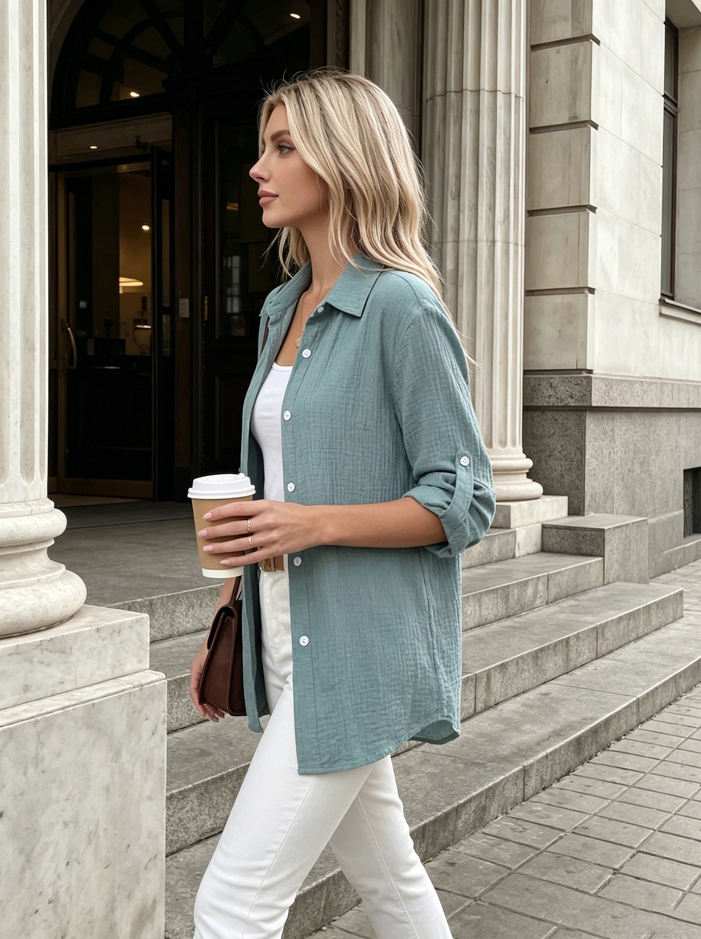Textured Button Up Long Sleeve Shirt Jacket