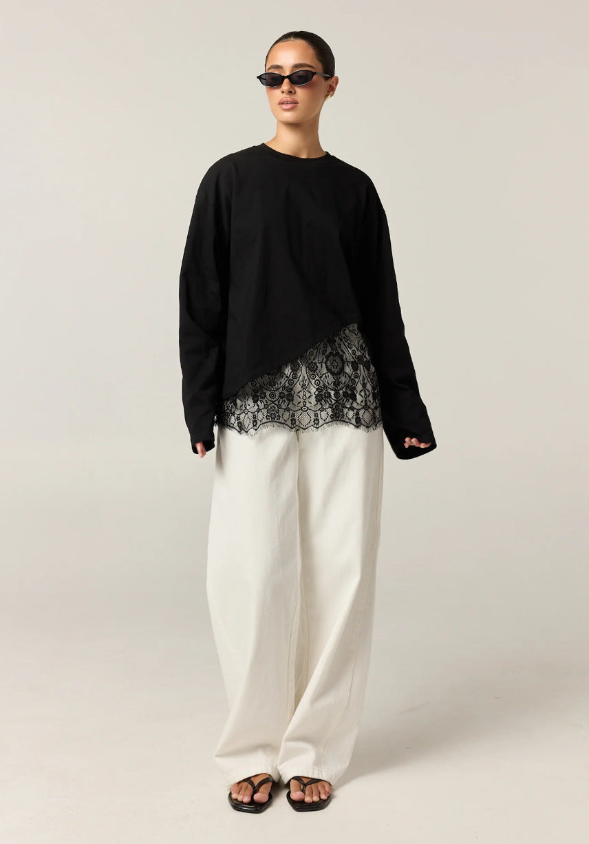 Women's Asymmetrical Lace Trim Long Sleeve Top