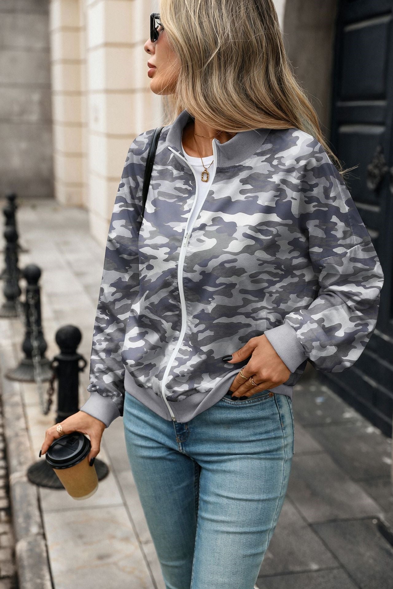 Women's Oversized Printed Zip Up Sweatshirt Mock Neck