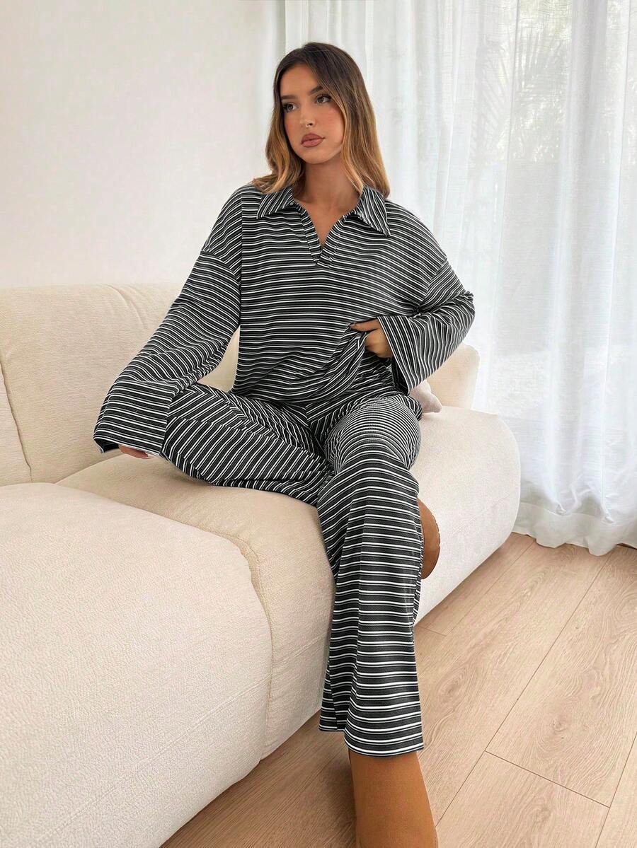 Striped Lounge Set Casual Collared Pullover Wide Leg Pants