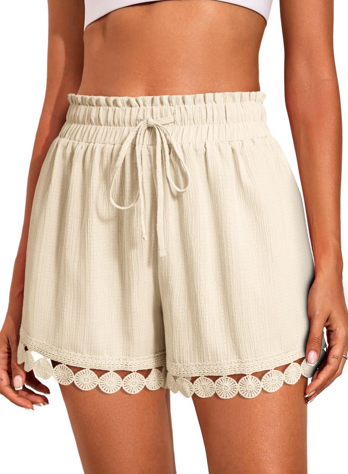 Women’s Lace Trim Drawstring Beach Shorts Casual Loose Fit