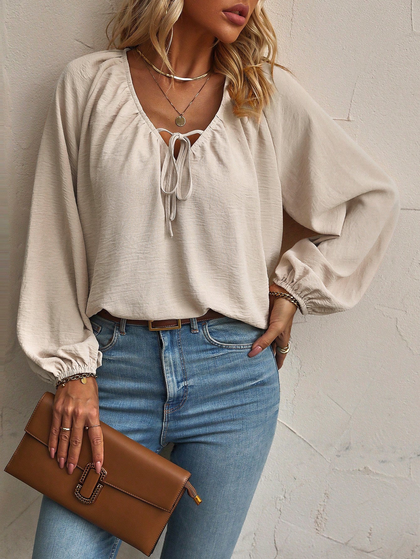 Tie Front Split Neck Balloon Sleeve Blouse