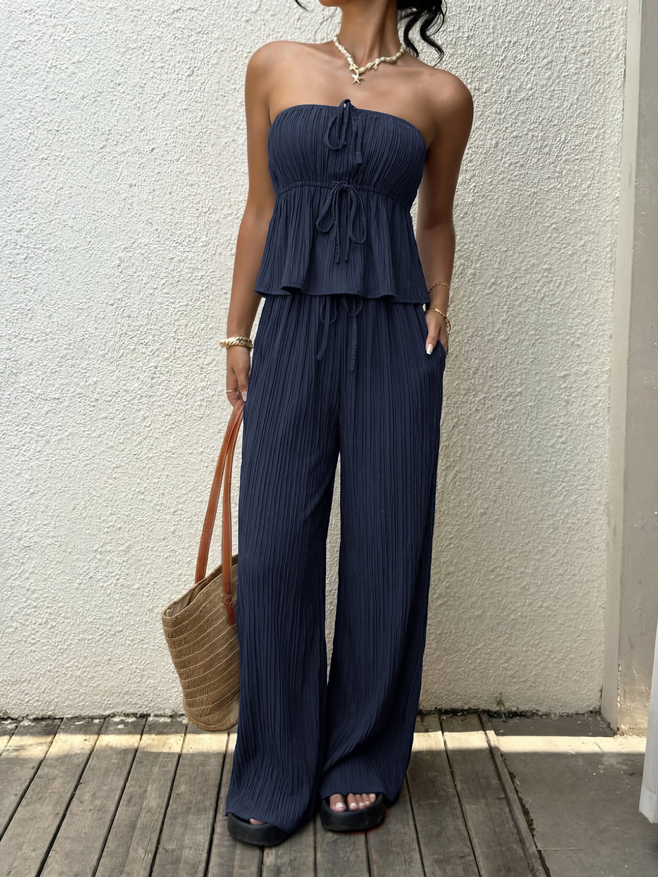 Strapless Smocked Ruffle Top Wide Leg Pants Set