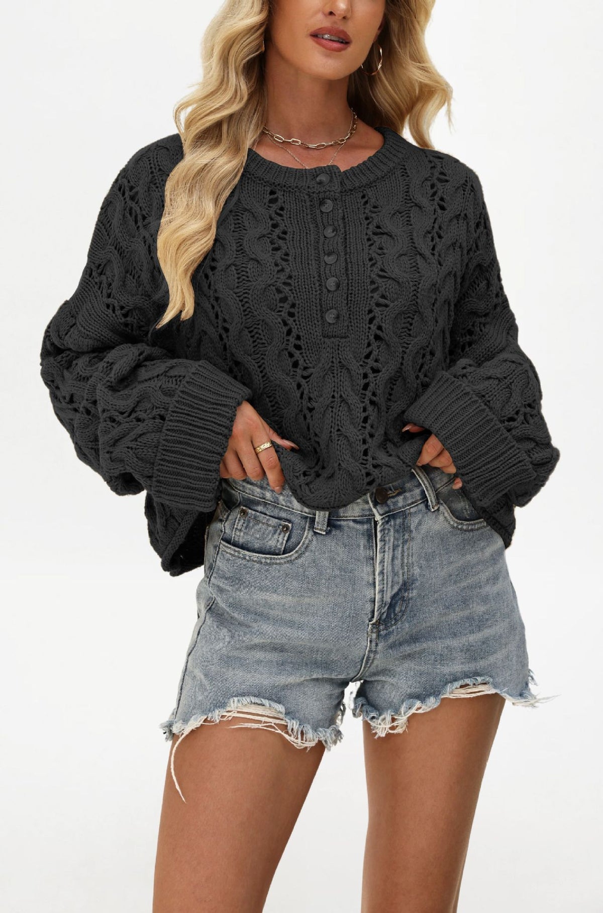 Women's Oversized Cable Knit Cropped Button Sweater