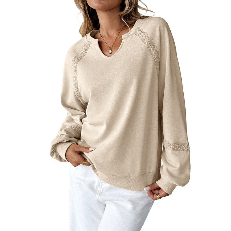 Lace Detail Oversized Sweatshirt Split Neck Long Sleeve Top