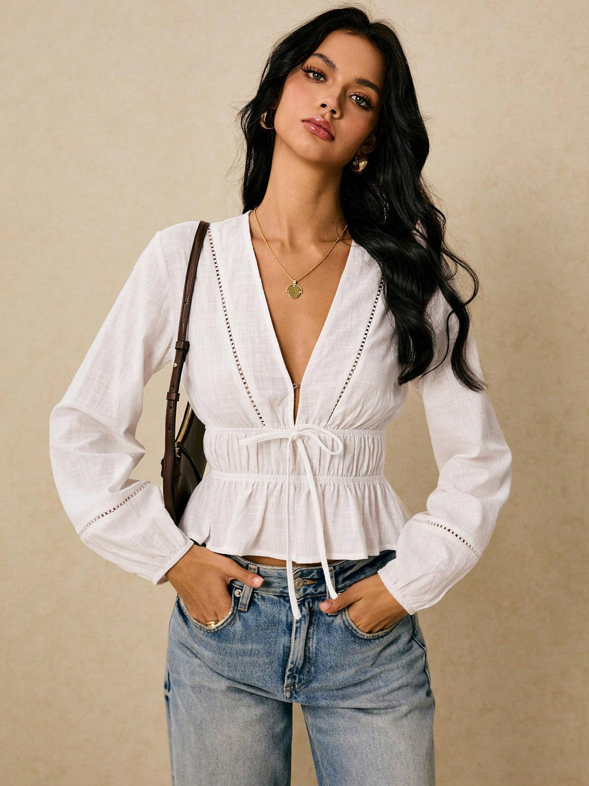 Women's Deep V Neck Eyelet Tie Front Peplum Blouse