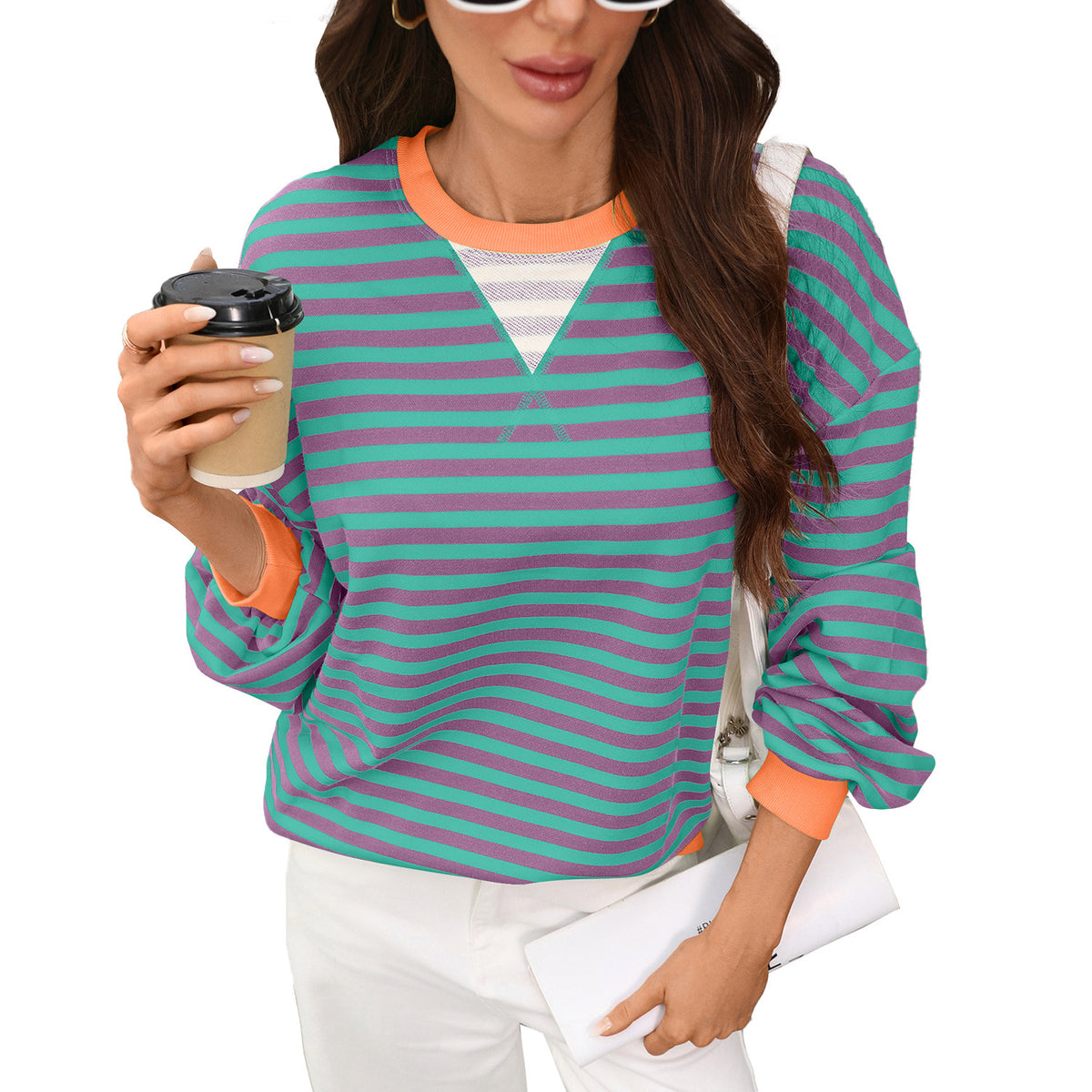 Women Striped Color Block Crewneck Oversized Sweatshirt