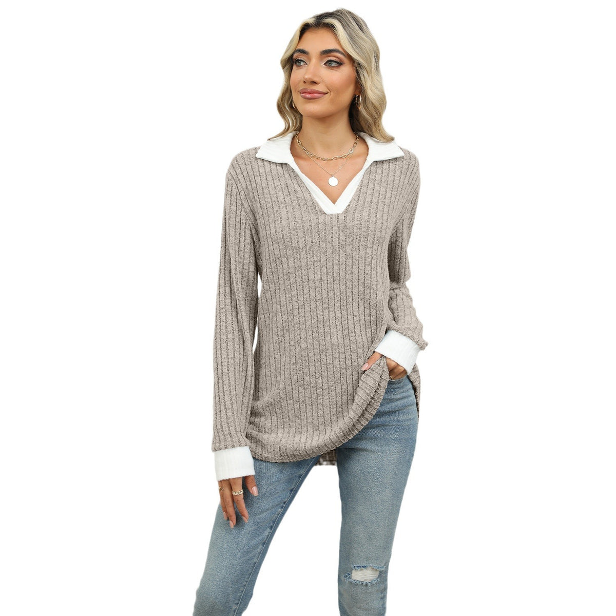 Women's Color Block Collar Long Sleeve Oversized Knit Top