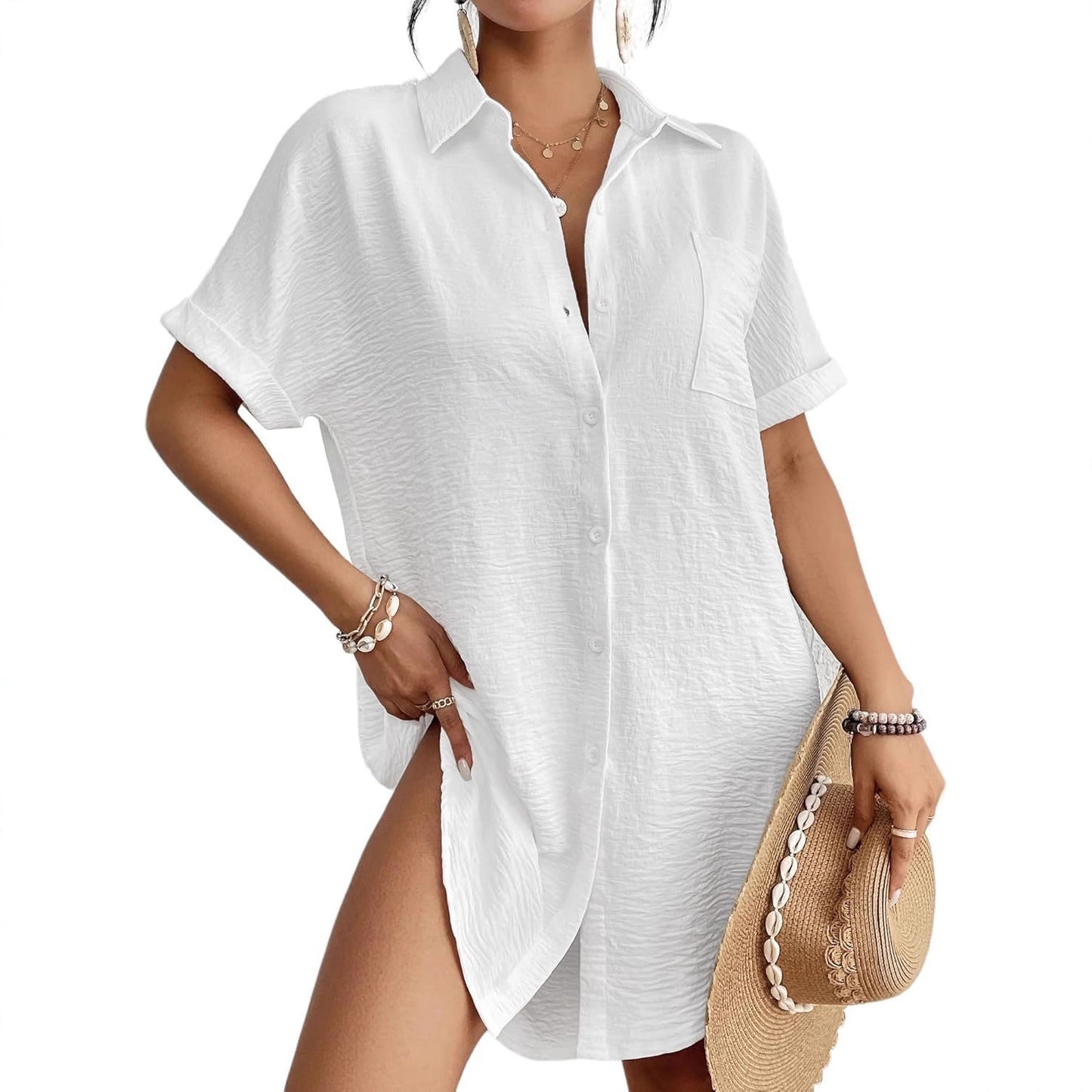 Women’s Button Down Shirt Dress Loose Pocket Short Sleeve