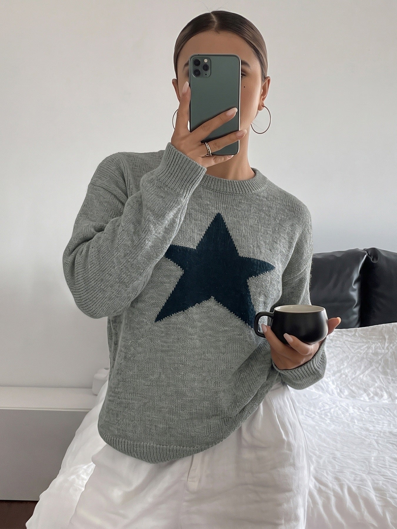 Star Pattern Knit Sweater Crew Neck Long Sleeve Top