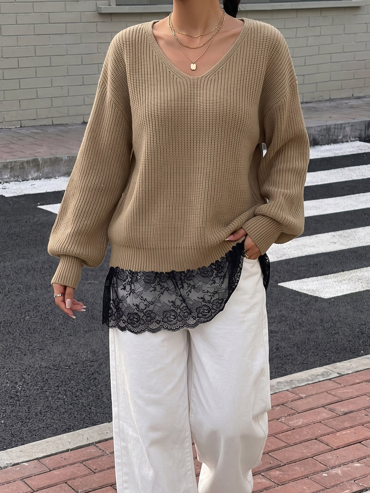 Women's Oversized Lace Trim Sweater V-Neck Lantern Sleeve