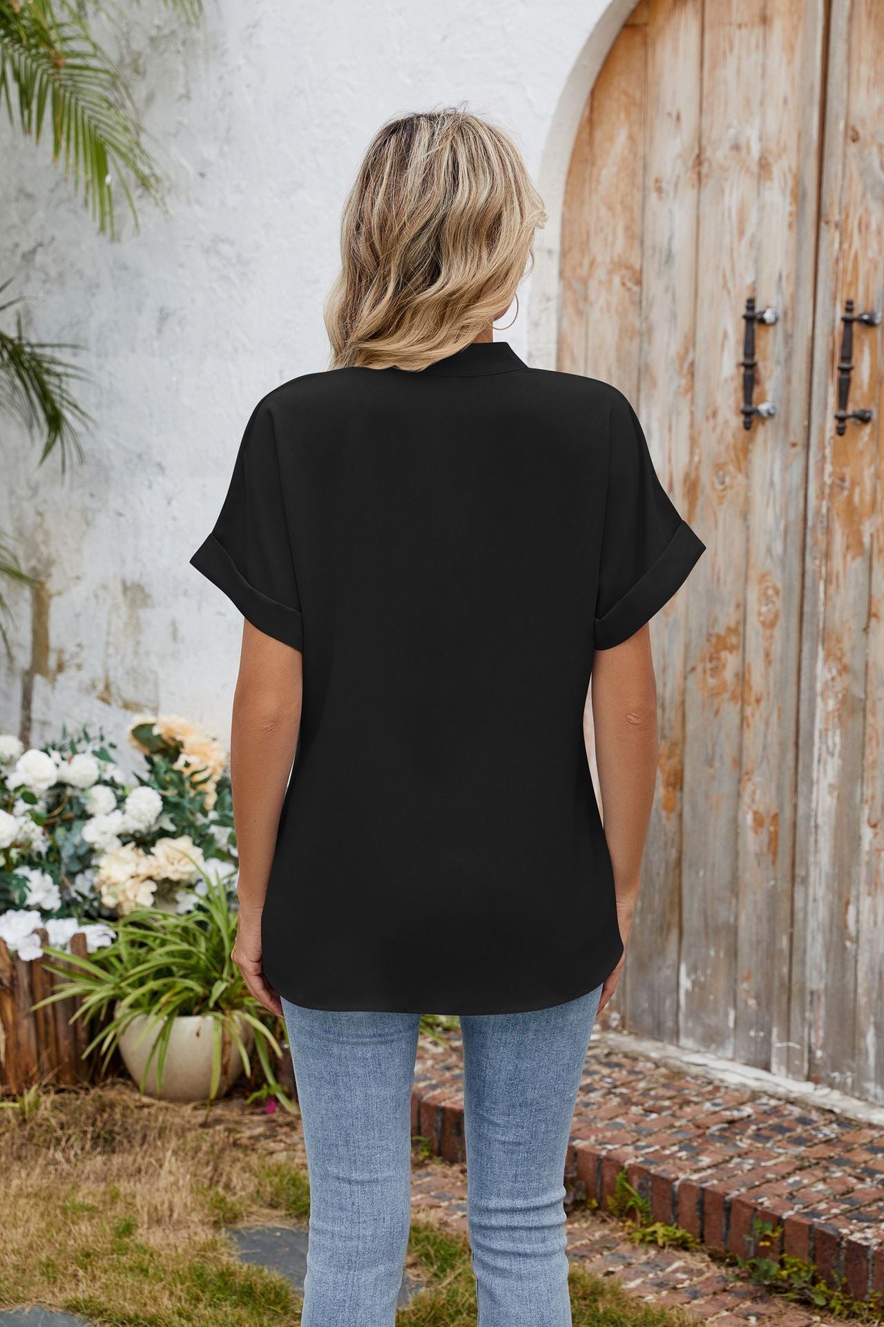 Elegant Solid Color V-Neck Short Sleeve Chiffon Blouse