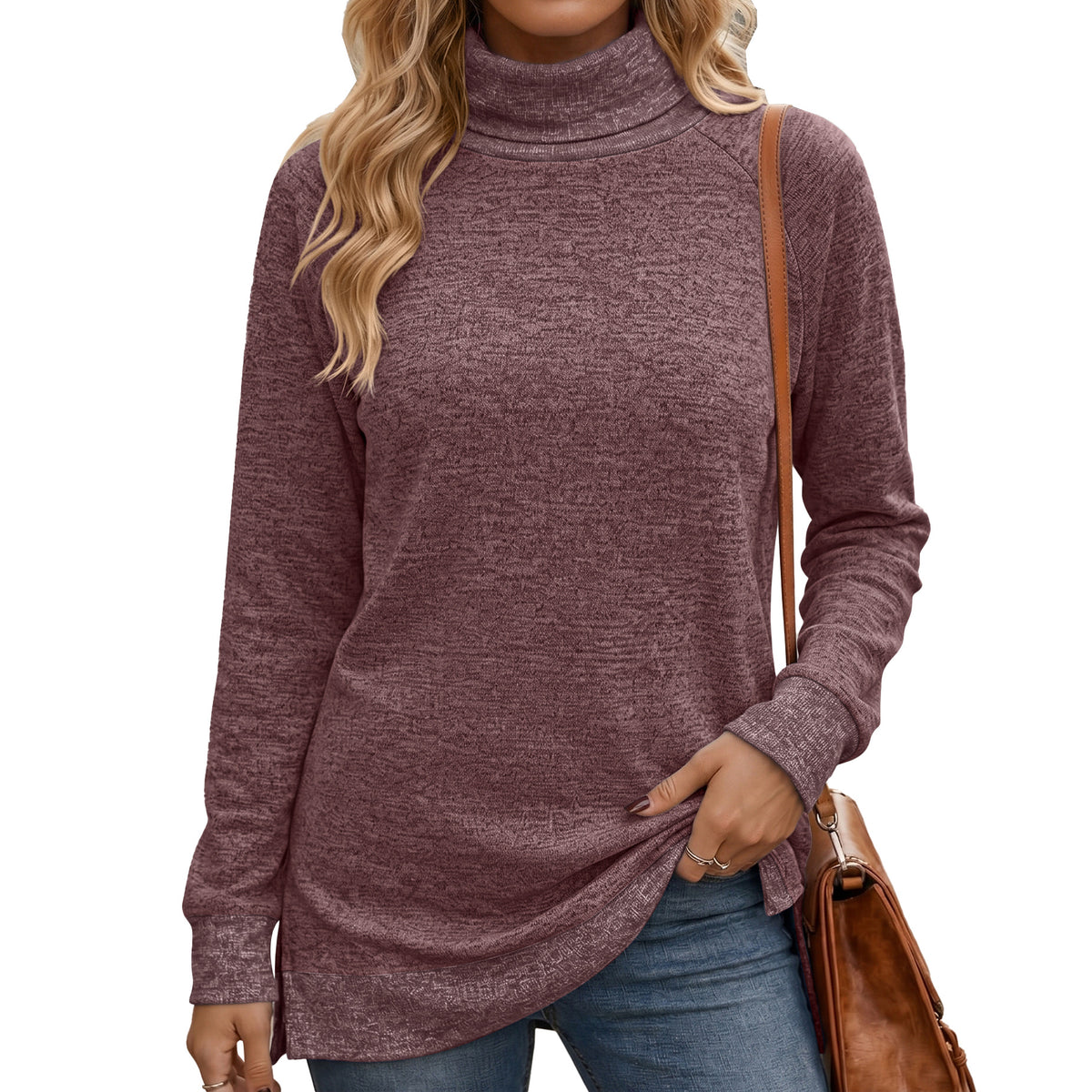 Color Block Turtleneck Long Sleeve Side Split Tunic Top