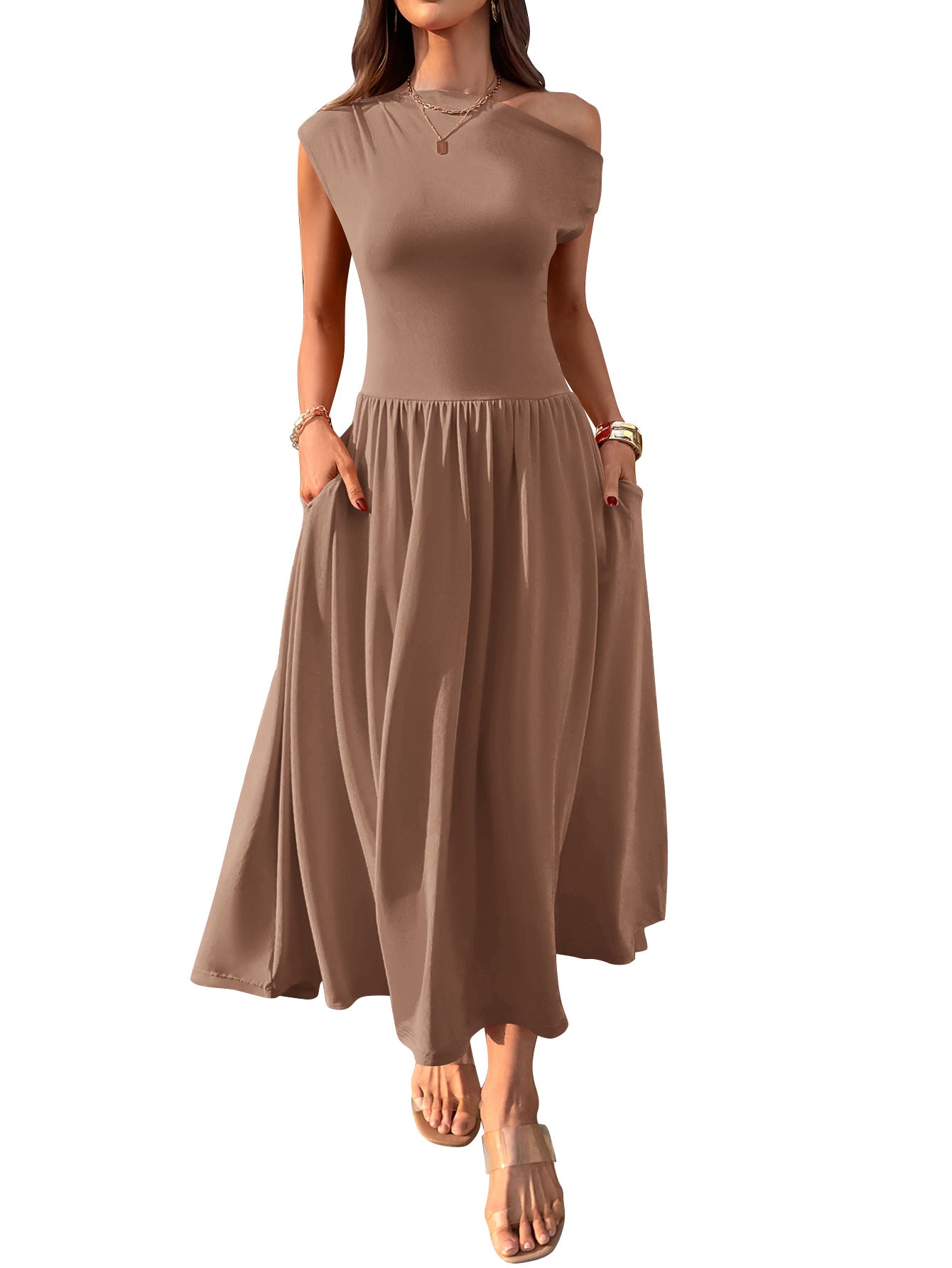 One Shoulder Maxi Dress with Pockets Pleated Skirt
