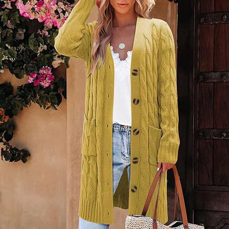 Women's Long Cable Knit Cardigan Button Down Pockets