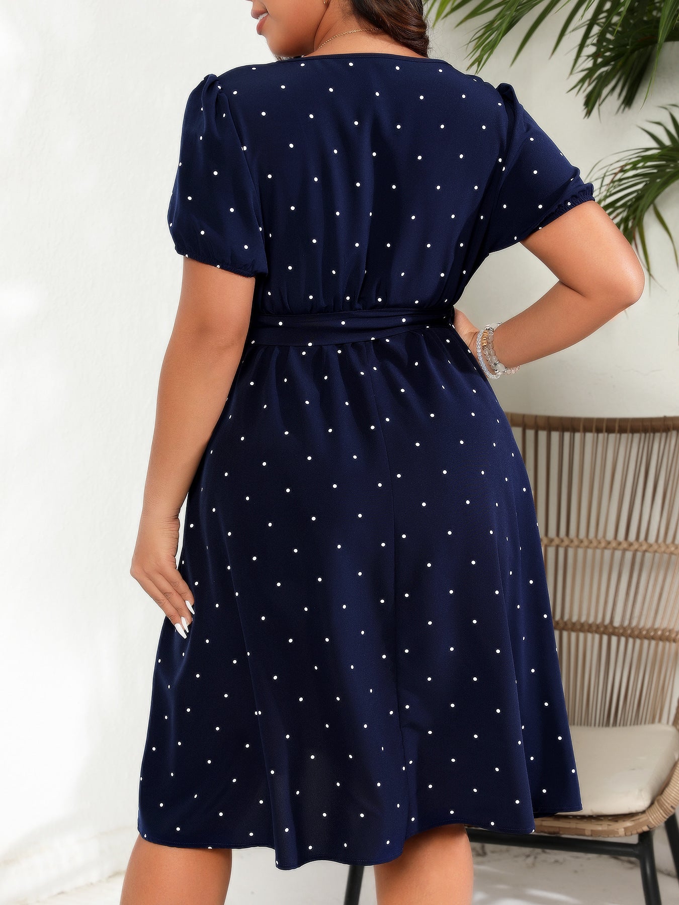 Plus Size Tie Waist Polka Dot Midi Dress