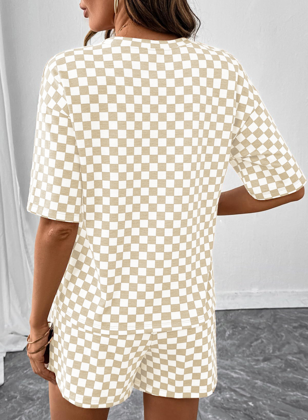 Women's Checkerboard Lounge Set Drawstring Shorts Casual