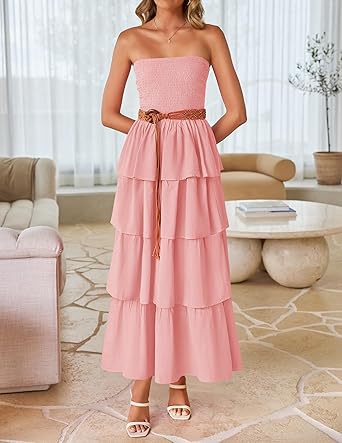 Strapless Smocked Tiered Maxi Dress for Summer Parties