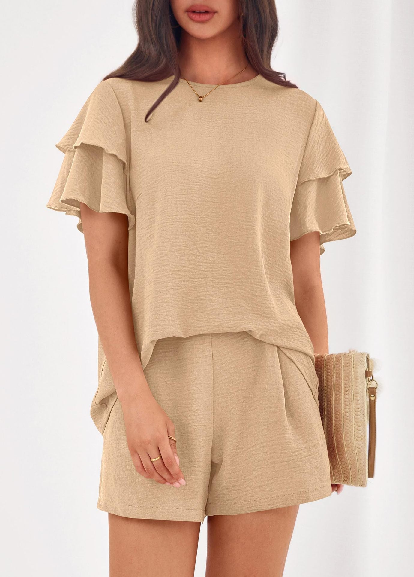 Casual Solid Ruffle Sleeve Short Set Lounge Outfit