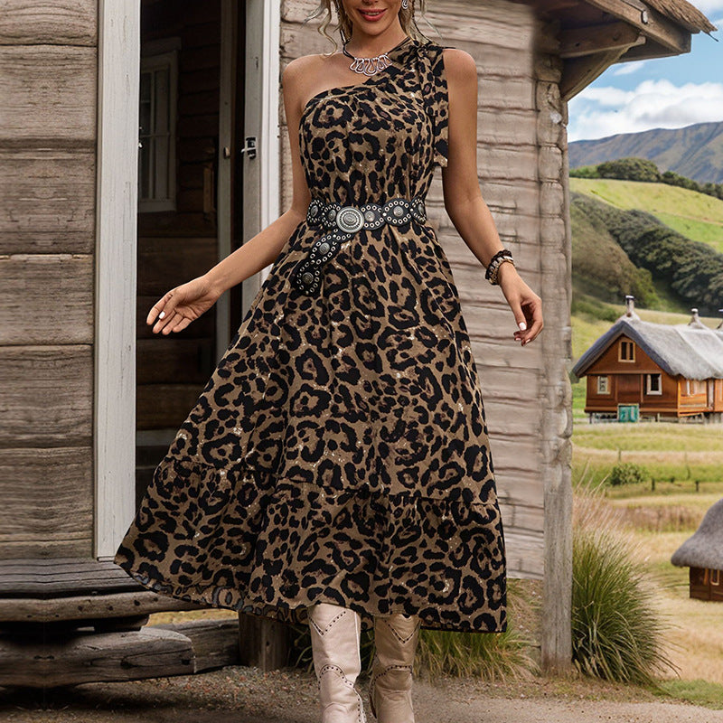 A-Swing Leopard Skirt One Shoulder Tie Dresses