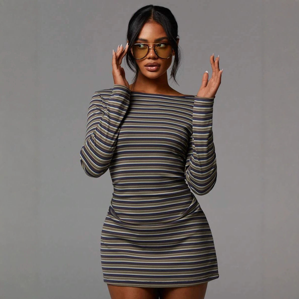 Striped Ribbed Mini Dress Boat Neck Long Sleeve Trendy Fit