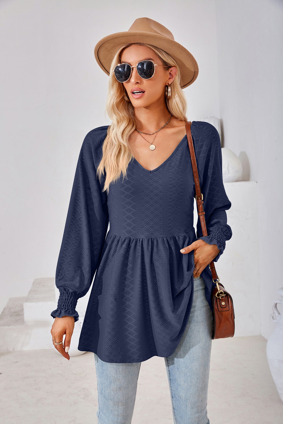 Women's V Neck Long Sleeve Textured Babydoll Tunic Top