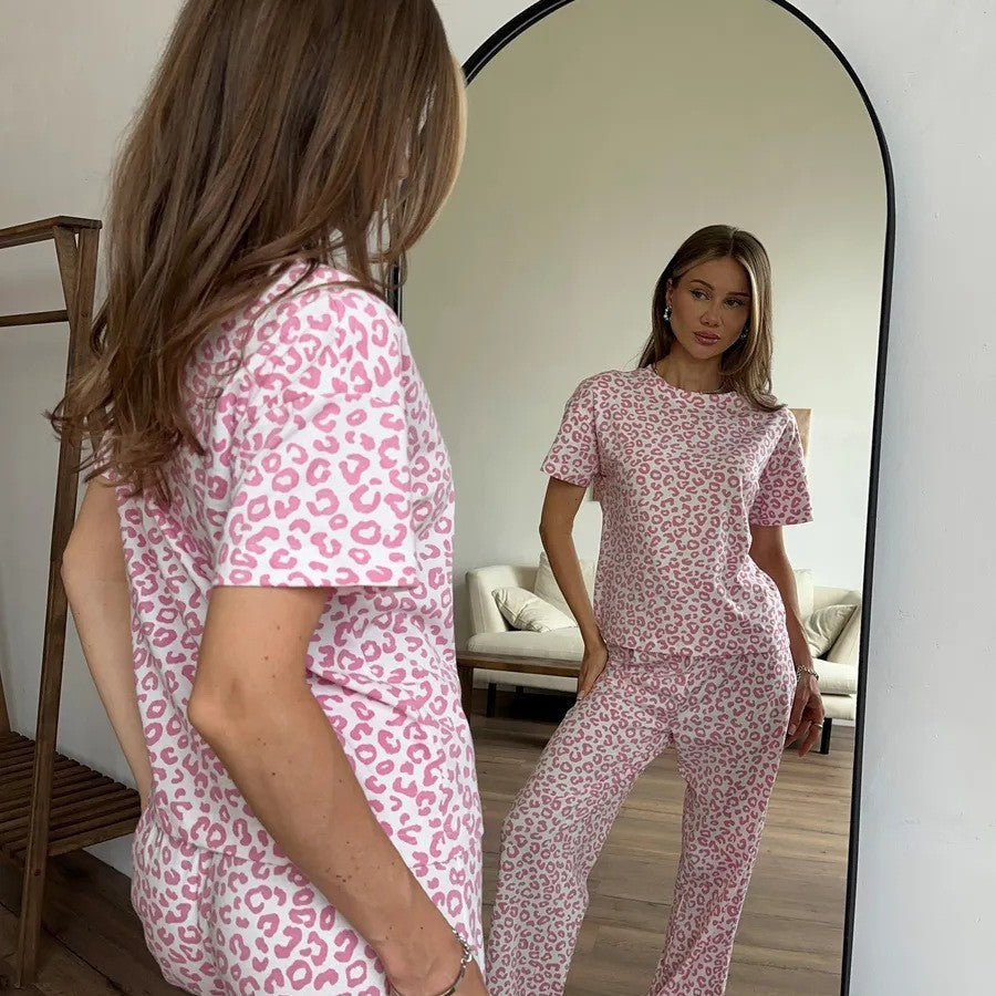 Leopard Print Pajama Set with Short Sleeve Top