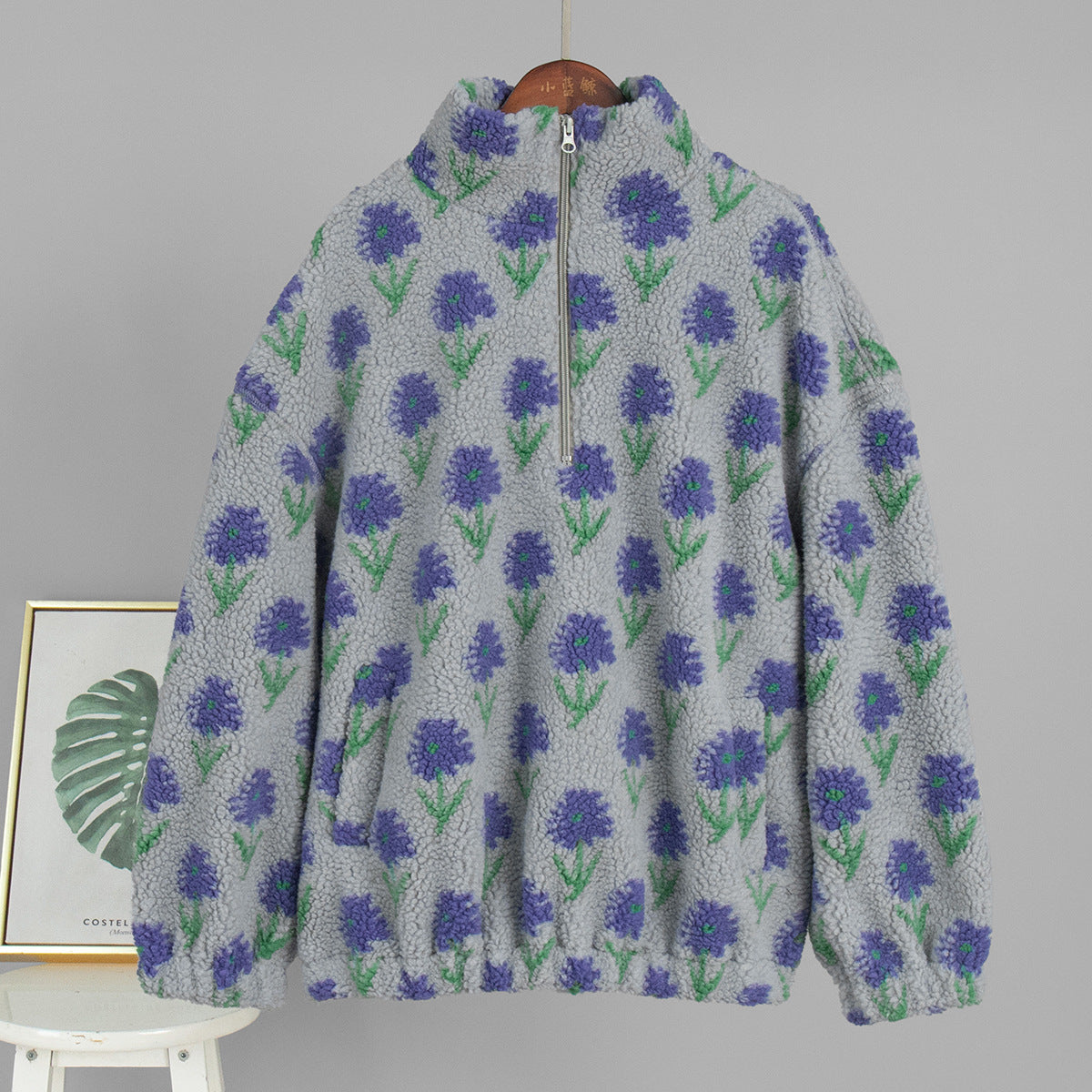 Floral Sherpa Fleece Half-Zip Pullover, Oversized