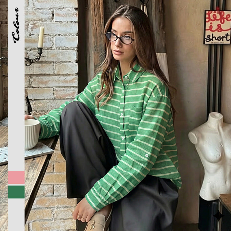 Striped Cotton Blend Shirt Korean Casual Oversized Blouse