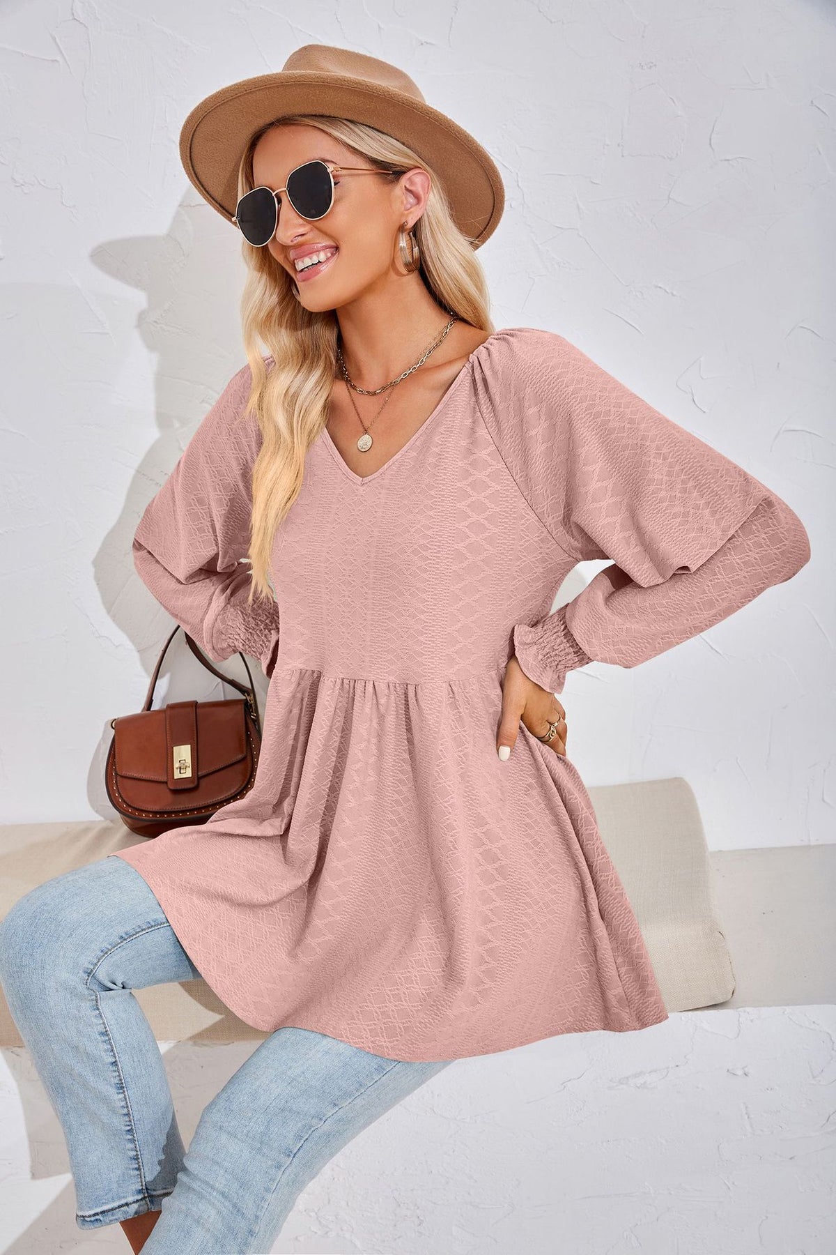 Women's V Neck Long Sleeve Textured Babydoll Tunic Top