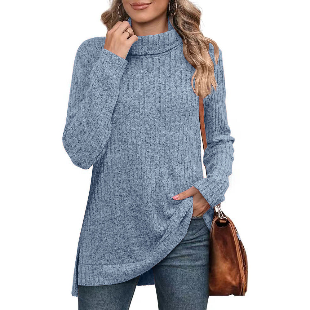 Women's Oversized Ribbed Turtleneck Long Sleeve Slit Tunic