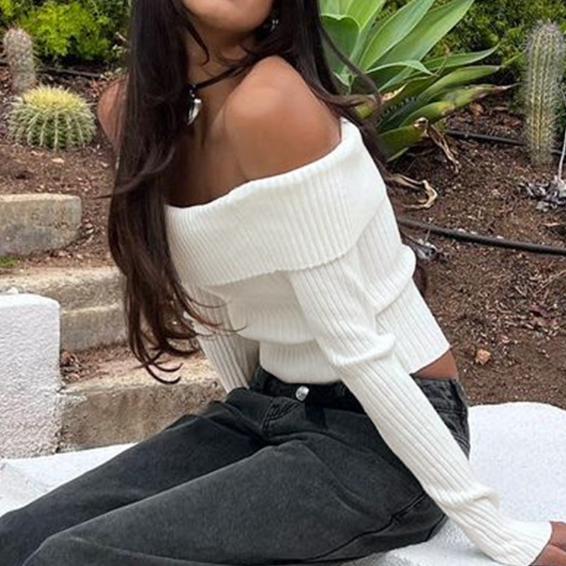 Off Shoulder White Knit Crop Top Long Sleeve Sweater
