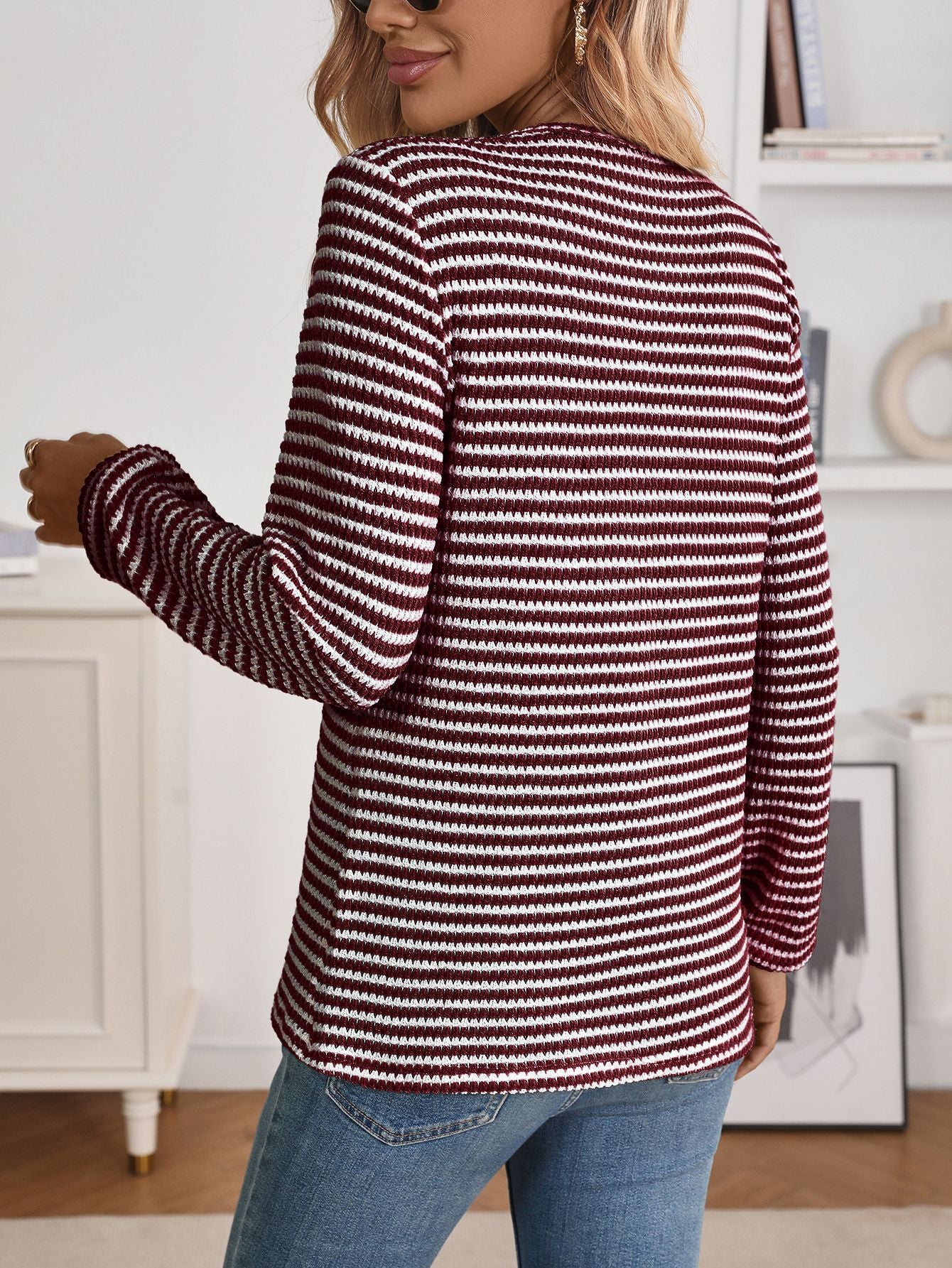 Striped Viscose Henley Top Textured Long Sleeve