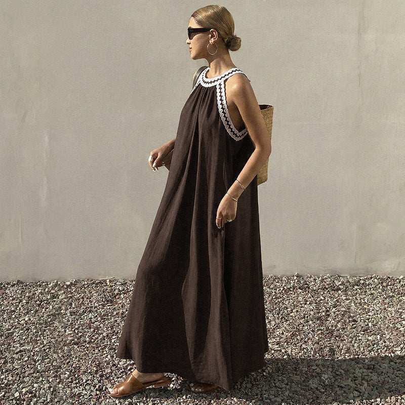 Solid Cotton Maxi Dress Halter Resort Loose Fit
