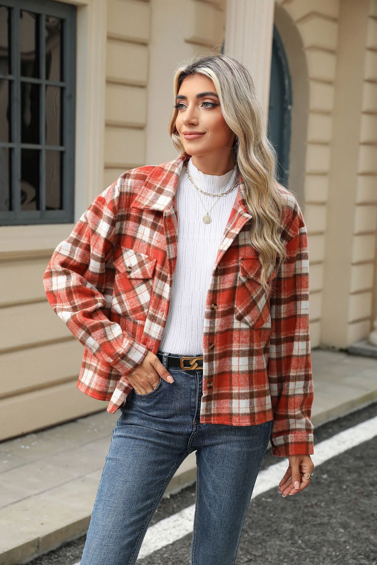 Long Sleeve Loose Pocket Plaid Top Wool Jacket