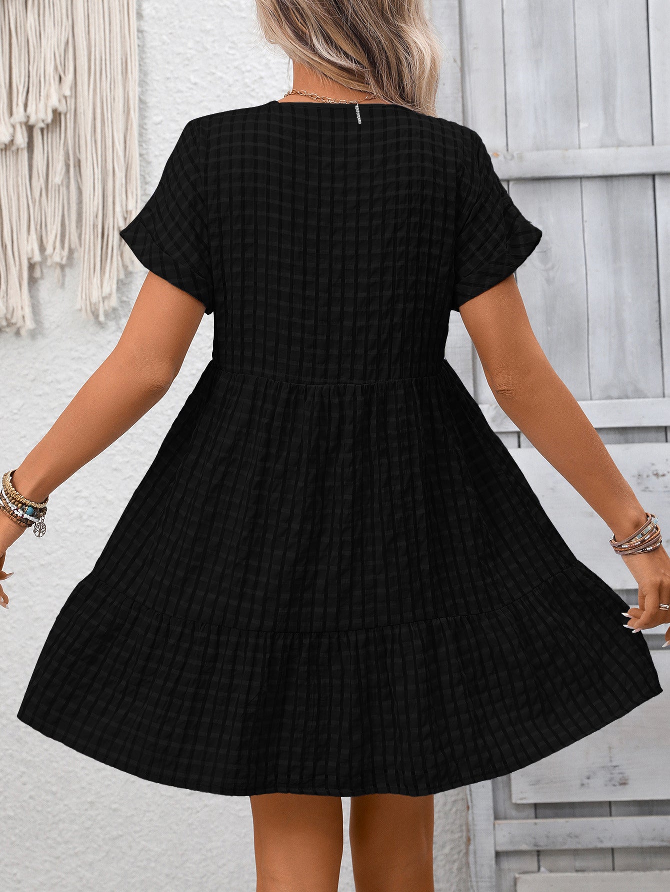 Gingham V Neck Short Sleeve Summer Dress with Ruffle Hem